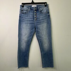 Kancan Jeans Womens 11/29 Medium Wash Button Fly Distressed Cropped Raw Hem